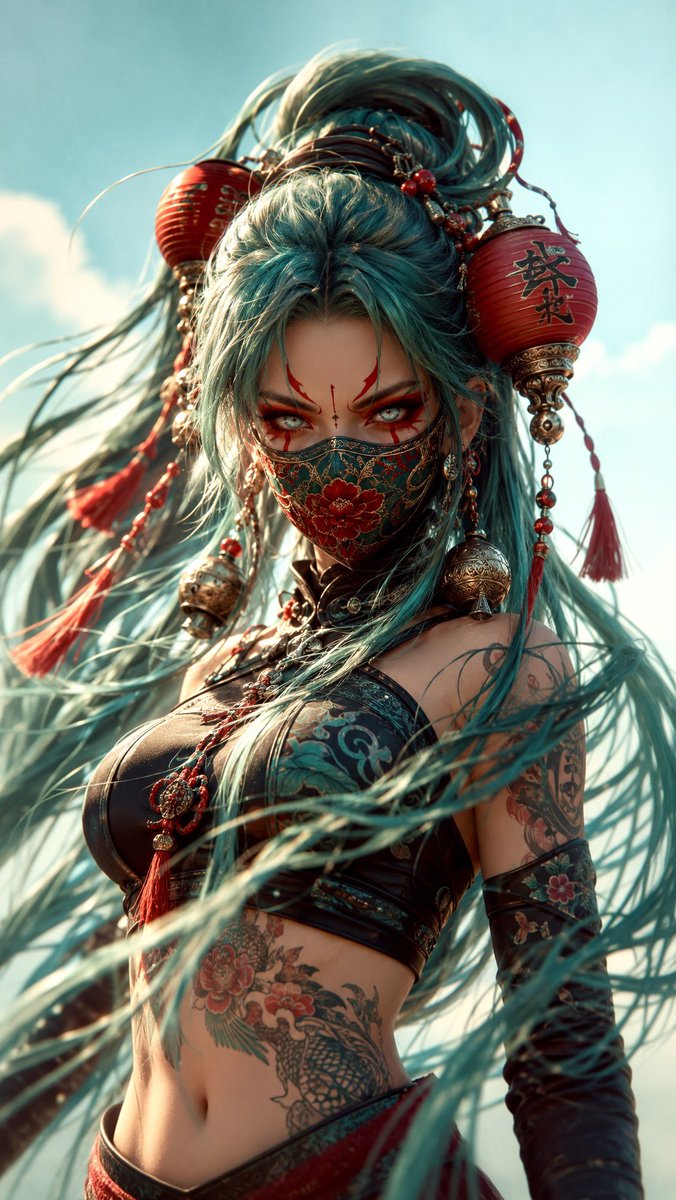 Vertical close-up portrait of a fierce futuristic female warrior with extremely long flowing teal hair tied h… - AI prompt reference from CC Prompt Galaxy