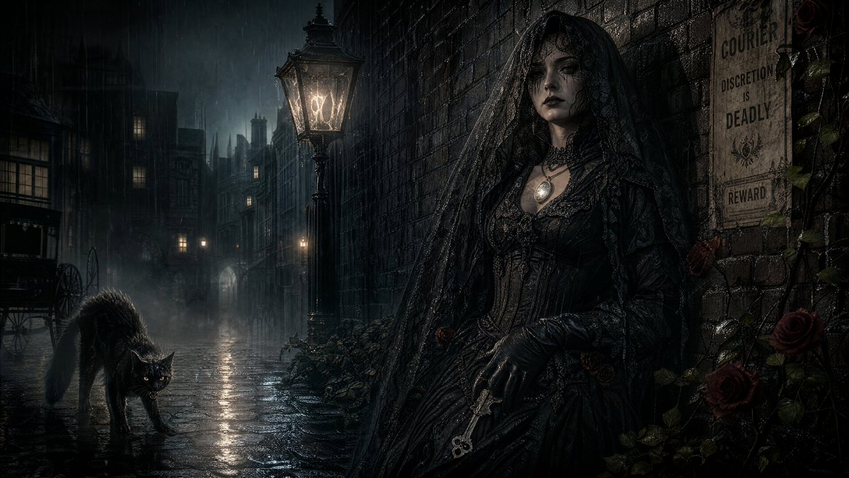 Under a fractured gas lamp, she waits in a rain-slicked alley, her {argument name="clothing detail" default="… - AI提示词参考图，来自西西提示词