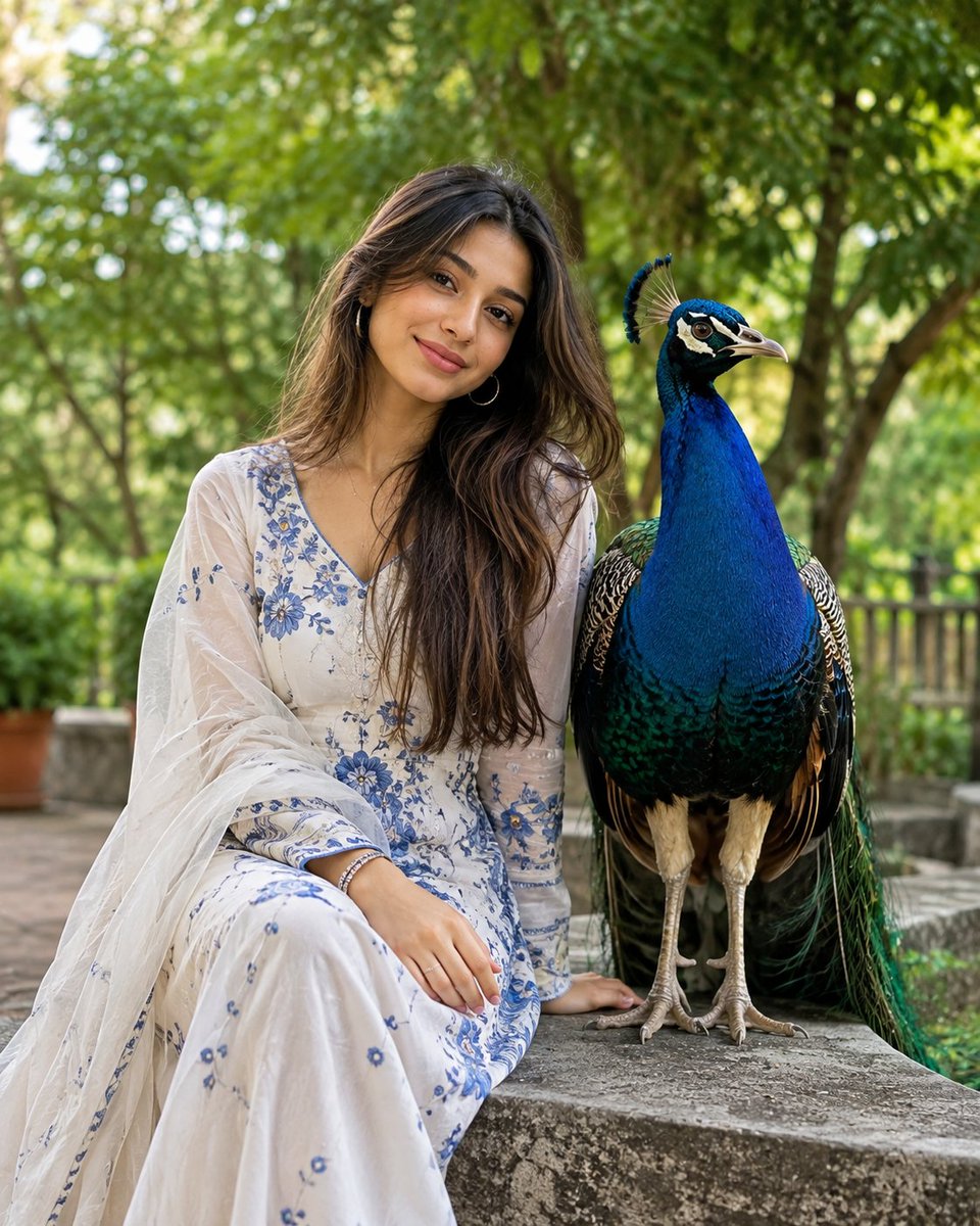 A realistic, high-detail medium shot of a young South Asian woman sitting next to a majestic blue Indian peac… - AI prompt reference from CC Prompt Galaxy