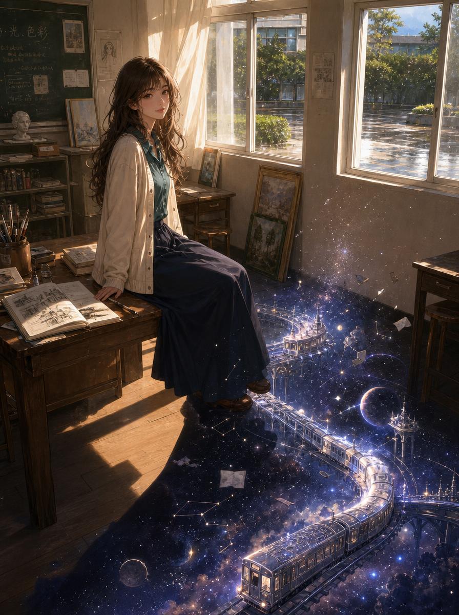 Create a cinematic vertical anime illustration of a quiet old art classroom after rain, where {argument name=… - AI提示词参考图，来自西西提示词