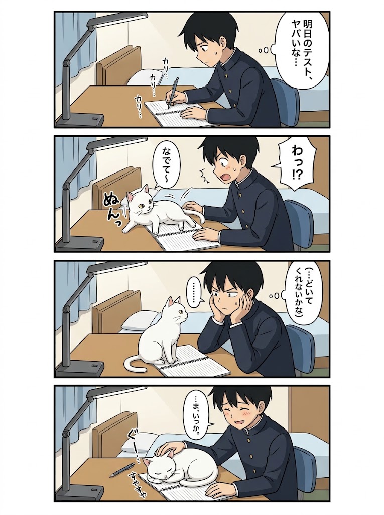 Goal: Create a clean anime-style vertical 4-panel Japanese manga comic about a schoolboy trying to study whil… - AI提示词参考图，来自西西提示词