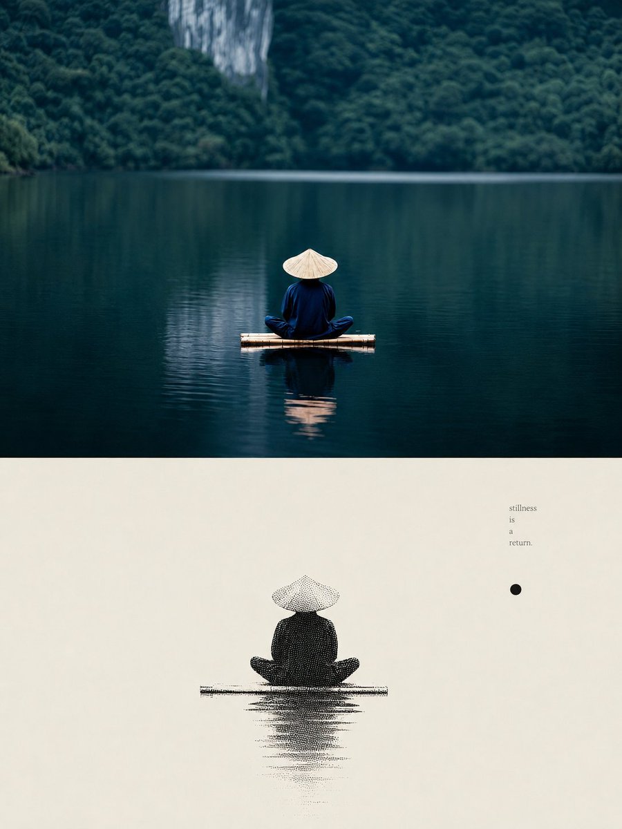 Create a vertical minimalist Zen poster composed of exactly 2 stacked panels. Top panel: a photorealistic, ci… - AI prompt reference from CC Prompt Galaxy