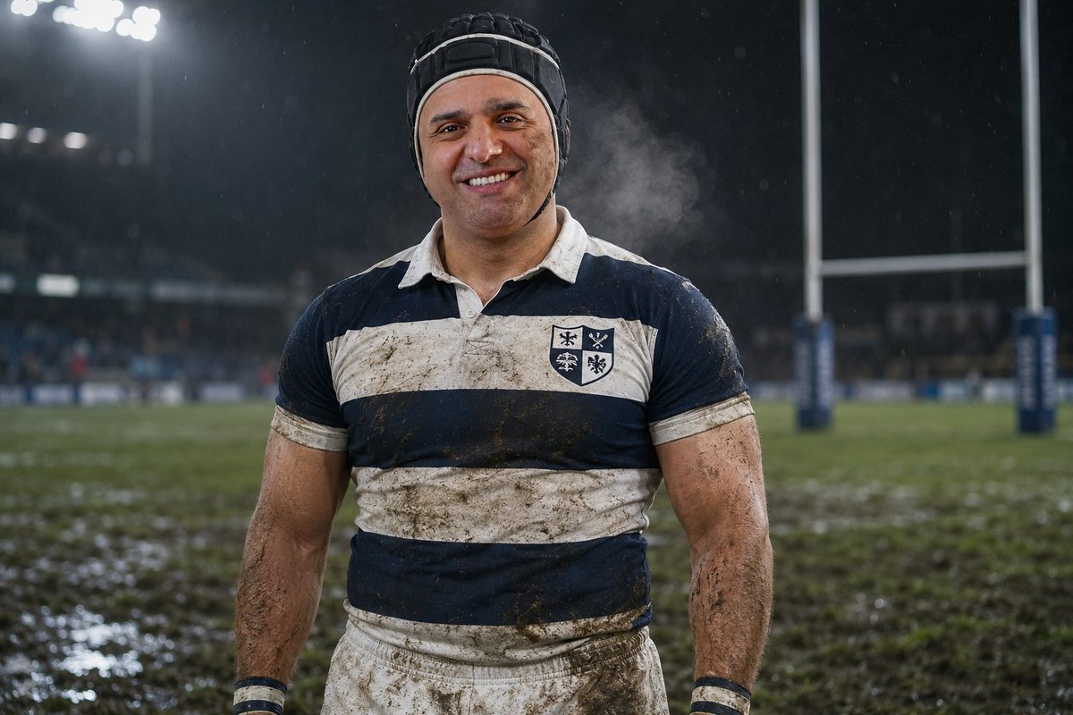 Create a photorealistic sports portrait of a smiling {argument name="rugby player" default="middle-aged male … - AI提示词参考图，来自西西提示词