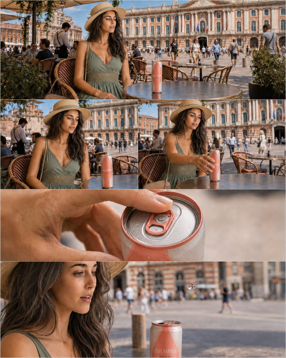 Goal: Create a photorealistic cinematic advertising storyboard for a fictional canned drink named {argument n… - AI提示词参考图，来自西西提示词