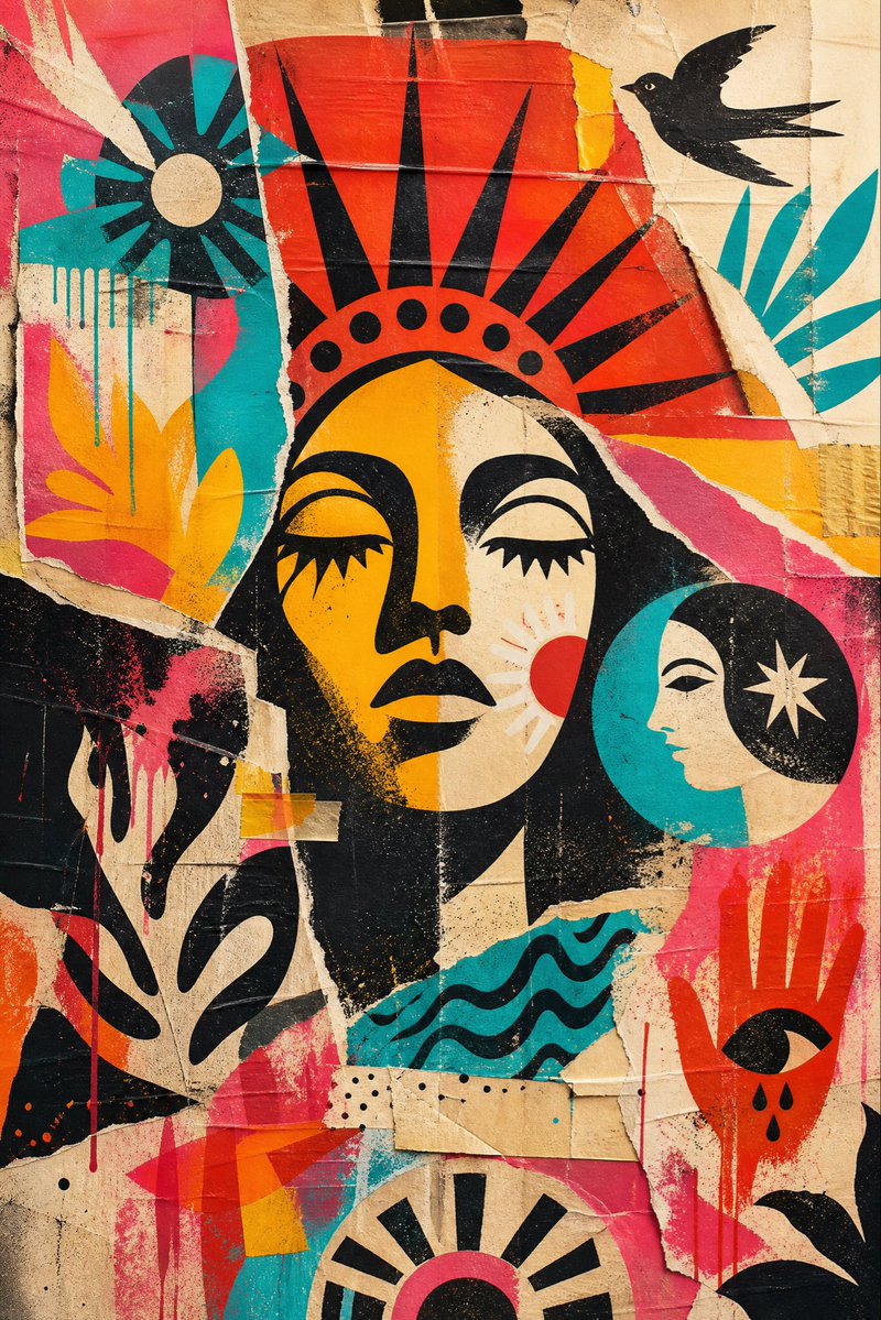 Create a vertical mixed-media street poster collage in a bold mid-century screen-print style, with intentiona… - AI提示词参考图，来自西西提示词