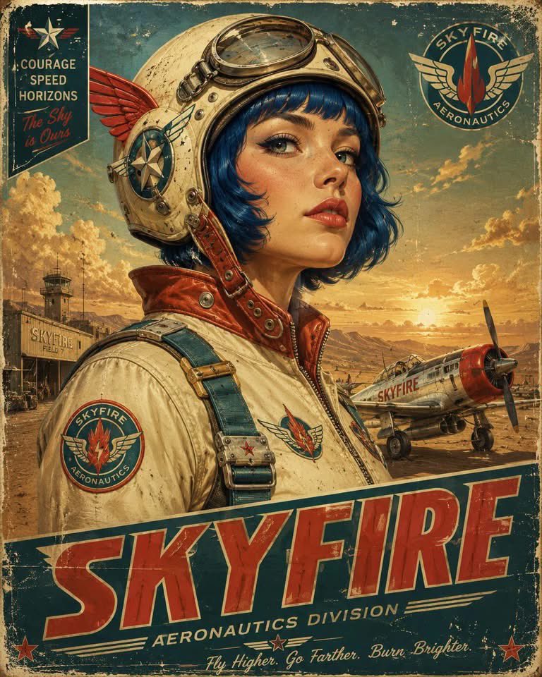 Vintage retro-futurist aviation poster portrait of {argument name="subject" default="[HUMAN]"}, shown from th… - AI提示词参考图，来自西西提示词