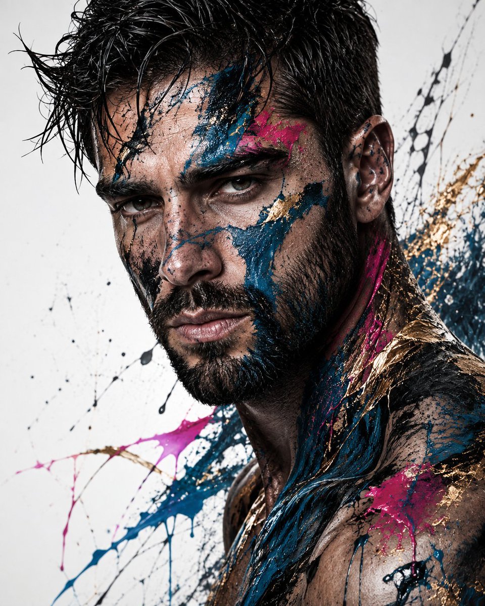 Create a high-end fine-art editorial portrait of a striking young man use image for face reference with beard… - AI提示词参考图，来自西西提示词