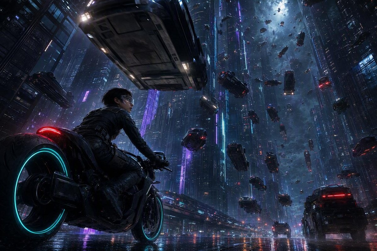 Create a single cinematic keyframe from an original futuristic sci-fi action film. A young Korean woman in he… - AI提示词参考图，来自西西提示词