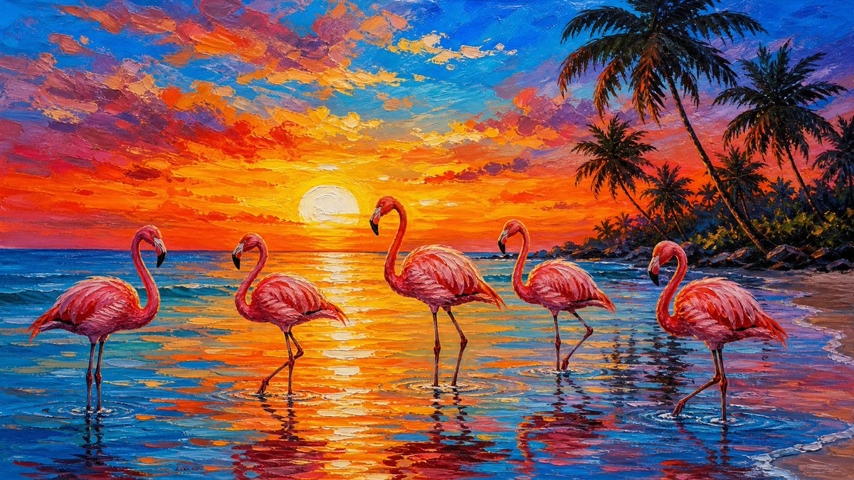 A vibrant painting of {argument name="subject" default="five pink flamingos"} wading in shallow water along a… - AI prompt reference from CC Prompt Galaxy