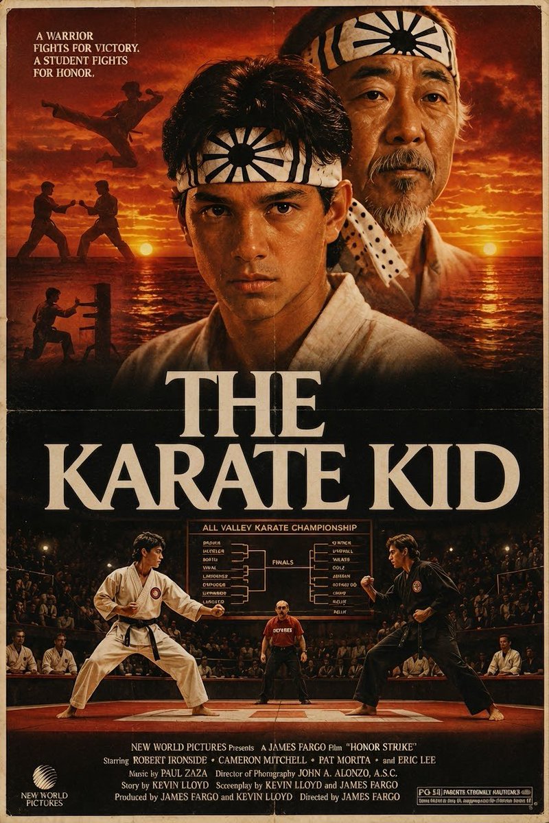 Goal: Create a vintage 1980s martial arts movie poster remake for {argument name="movie title" default="THE K… - AI提示词参考图，来自西西提示词