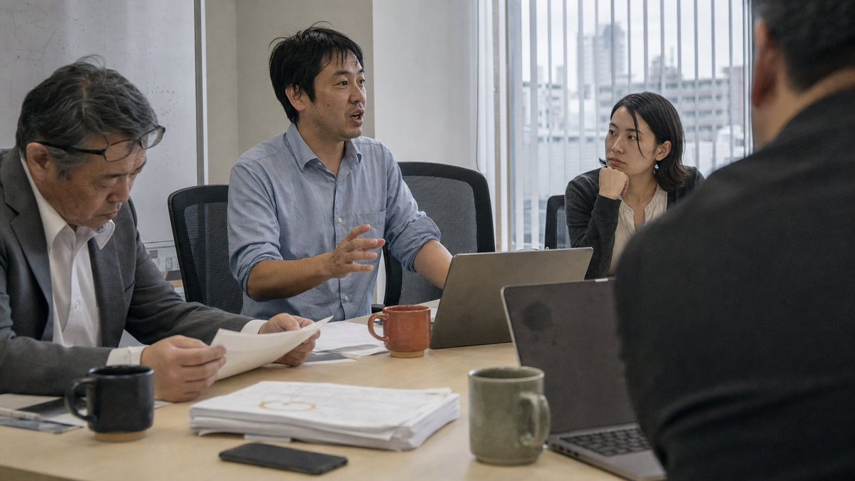 Create a realistic documentary-style office meeting photograph in a modern Japanese conference room. Show exa… - AI提示词参考图，来自西西提示词