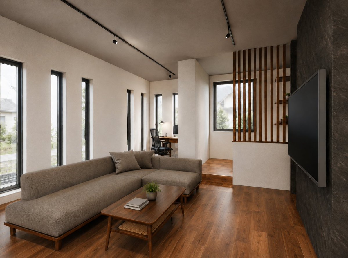 Create a photorealistic architectural interior rendering of a modern Japanese-inspired living room and small … - AI提示词参考图，来自西西提示词