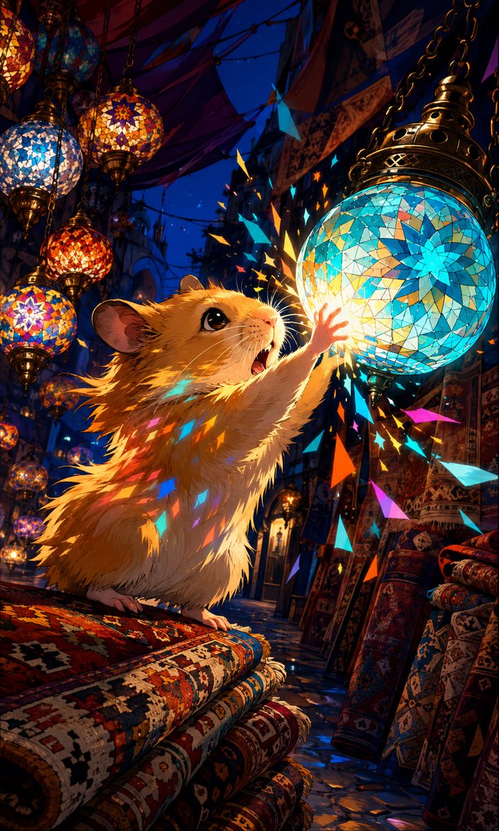Create a vertical 9:16 cinematic fantasy illustration of a cute golden hamster in a Turkish bazaar at night, … - AI提示词参考图，来自西西提示词
