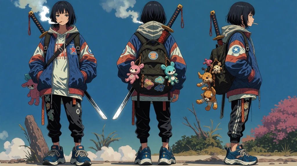 Goal: Create a full-body anime character turnaround sheet for {argument name="character name" default="a cool… - AI提示词参考图，来自西西提示词