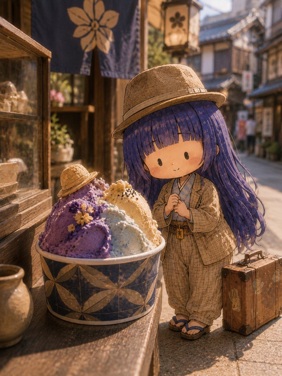 Create a warm cinematic storybook illustration of a tiny chibi girl standing on a nostalgic old Japanese shop… - AI提示词参考图，来自西西提示词