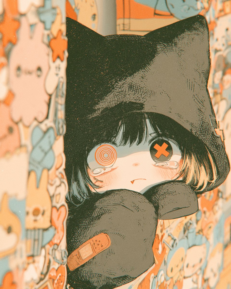Create a vertical close-up anime illustration of a small shy gothic cat-girl peeking out from between two han… - AI提示词参考图，来自西西提示词