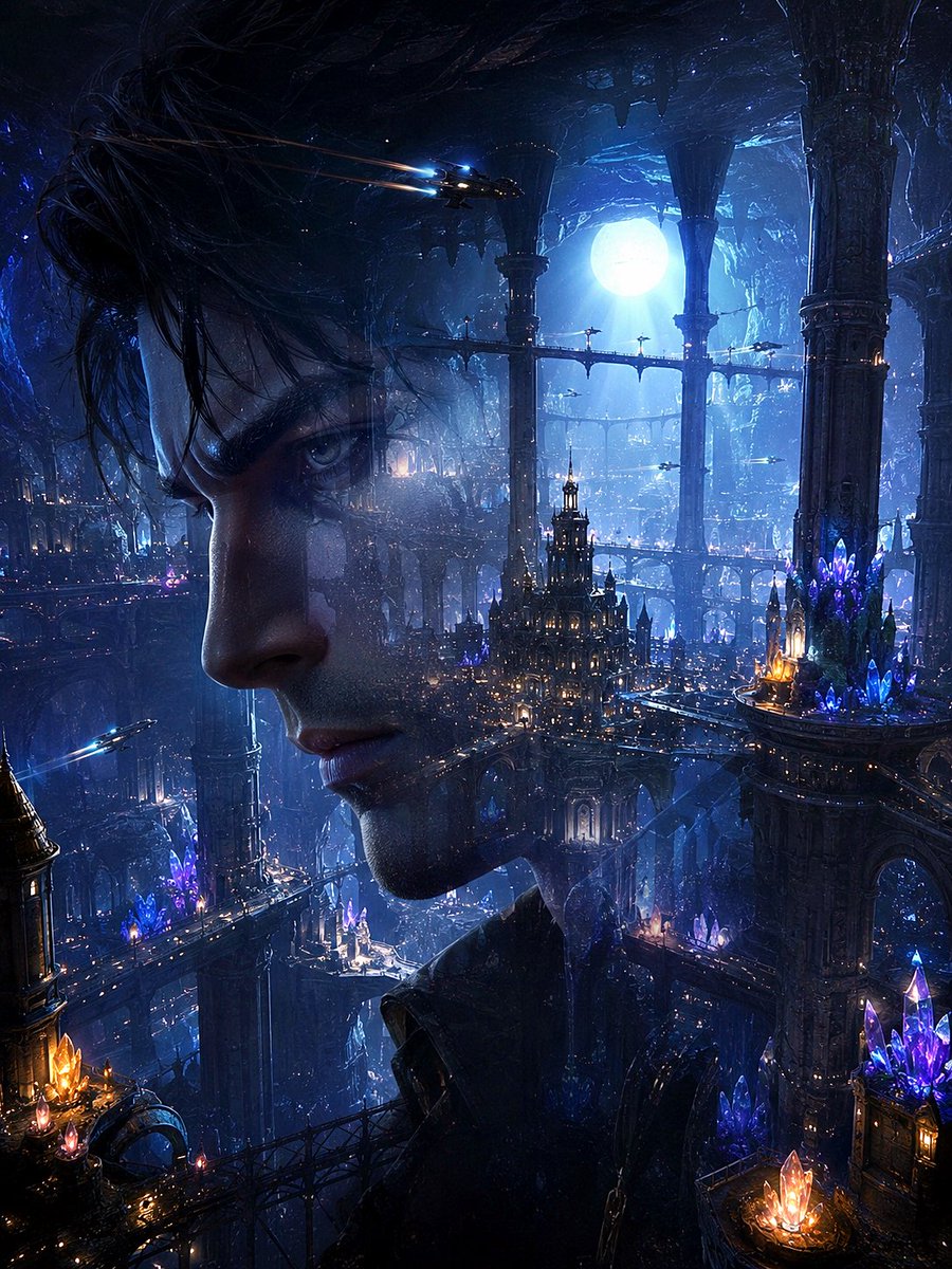 Create a dark cinematic fantasy sci-fi double-exposure portrait of a {argument name="character gender" defaul… - AI提示词参考图，来自西西提示词
