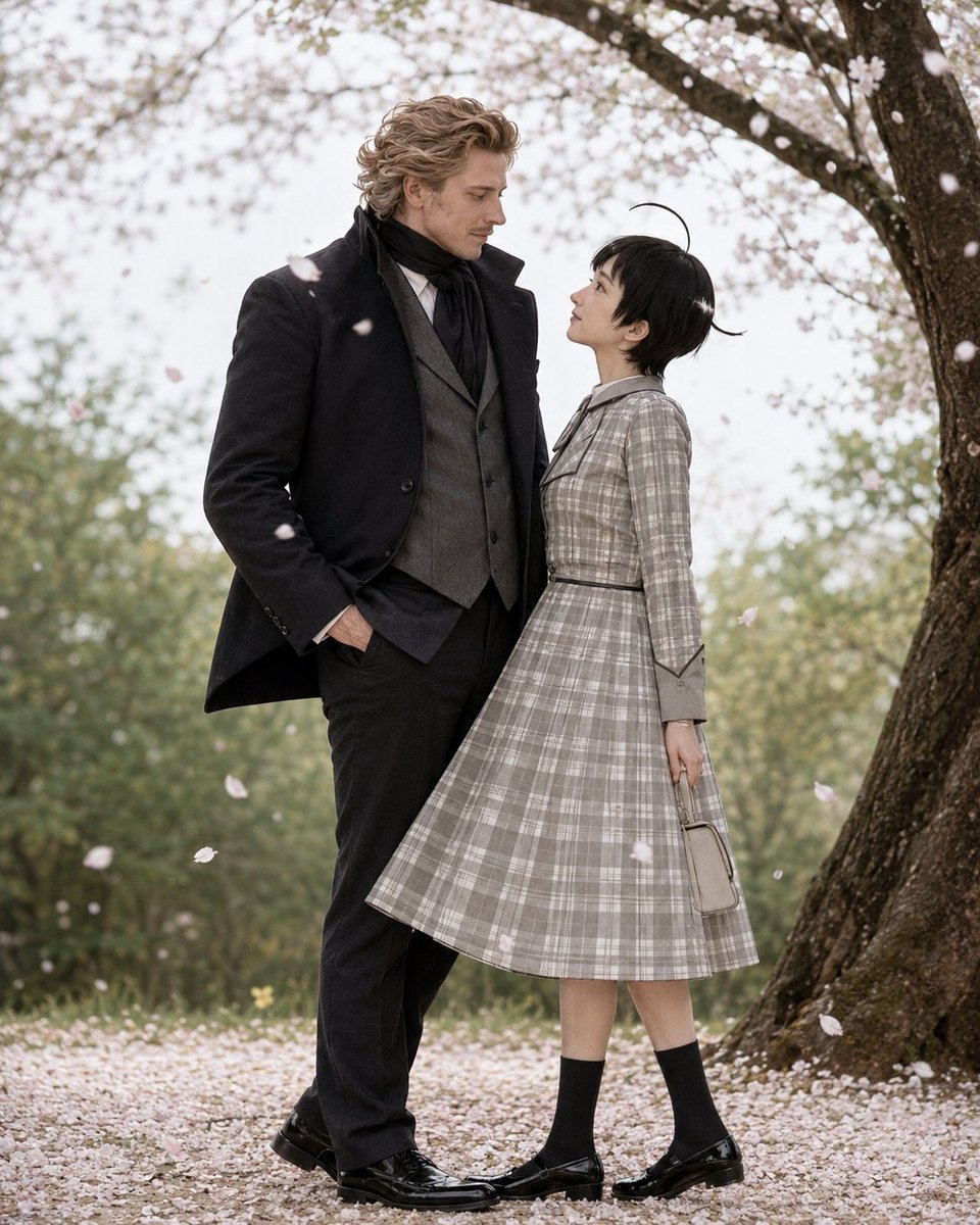 Create a cinematic live-action cosplay-style romantic scene under blooming cherry trees in early spring. Two … - AI提示词参考图，来自西西提示词