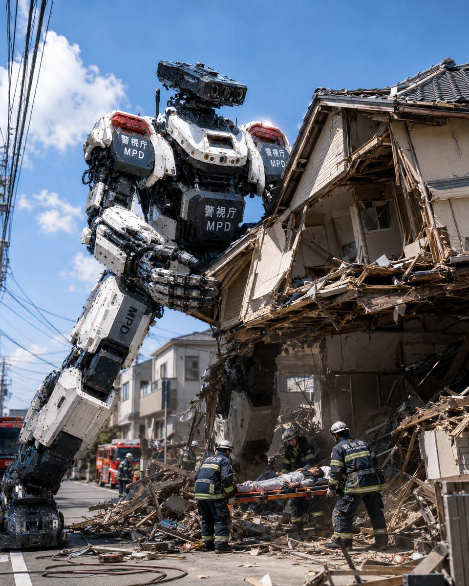 Create a photorealistic cinematic disaster-rescue scene in modern Tokyo: a gigantic humanoid police rescue ro… - AI提示词参考图，来自西西提示词