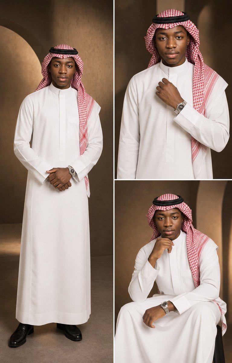 Goal: Create a luxury Arabian fashion editorial triptych featuring the same young male model with a consisten… - AI提示词参考图，来自西西提示词
