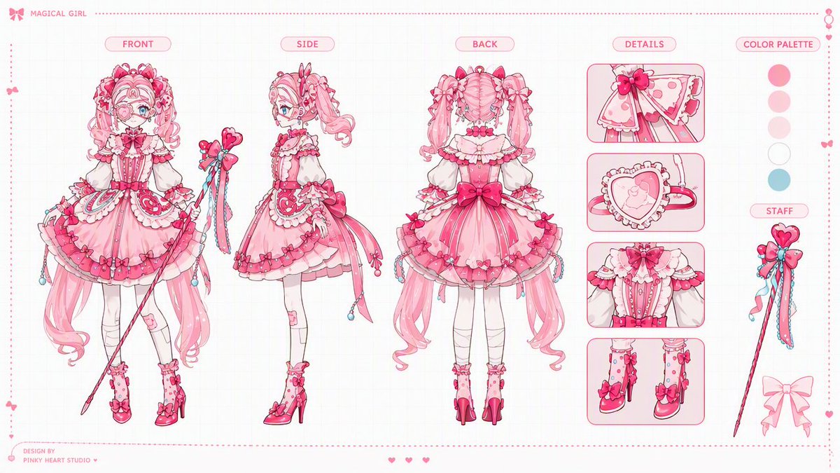 Goal: Create a polished 16:9 anime magical girl character design sheet for {argument name="character name" de… - AI提示词参考图，来自西西提示词
