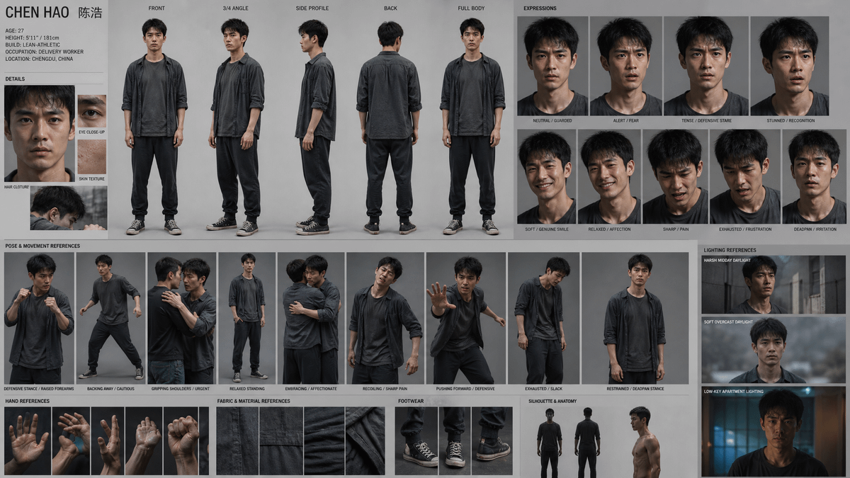 Goal: Create a gritty cinematic character reference sheet for {argument name="character name" default="Chen H… - AI提示词参考图，来自西西提示词