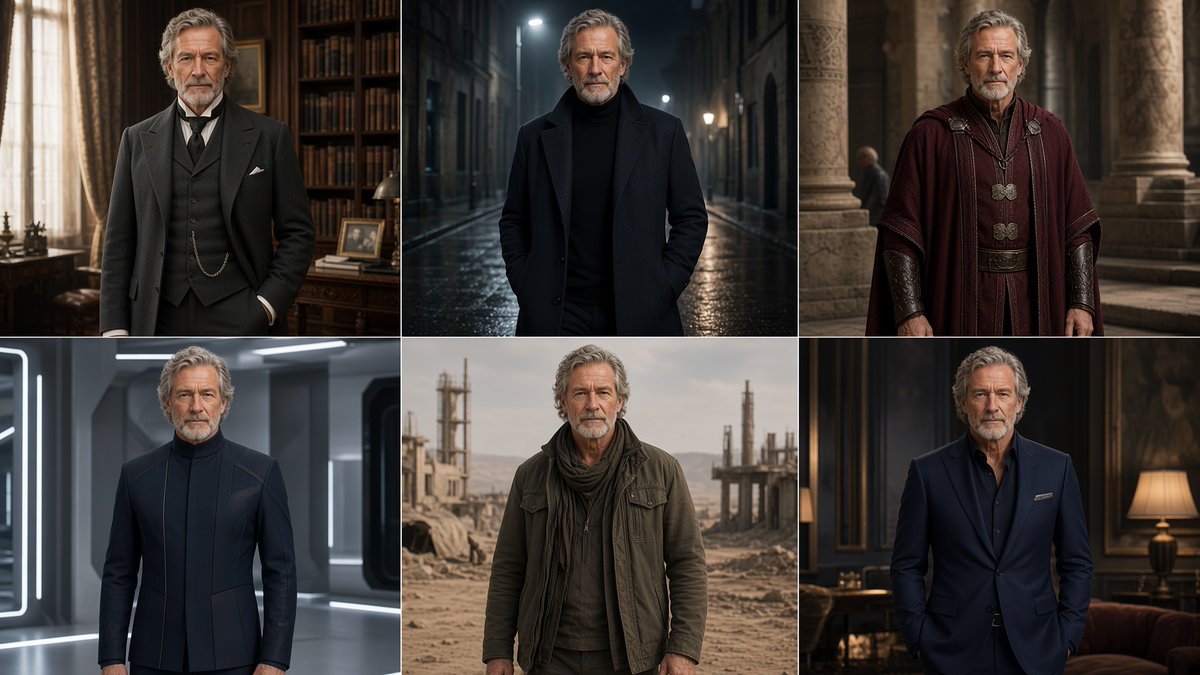 Goal: Create a cinematic 6-panel character concept sheet showing the same older male character, {argument nam… - AI提示词参考图，来自西西提示词