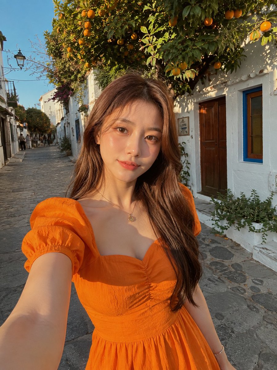 A photorealistic golden-hour street-style selfie of a {argument name="subject" default="young woman"} walking… - AI提示词参考图，来自西西提示词
