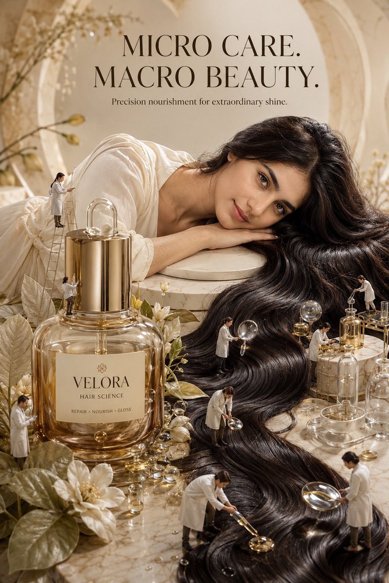 Create a photorealistic, high-end luxury beauty campaign poster inspired by surreal miniature-scale advertisi… - AI提示词参考图，来自西西提示词