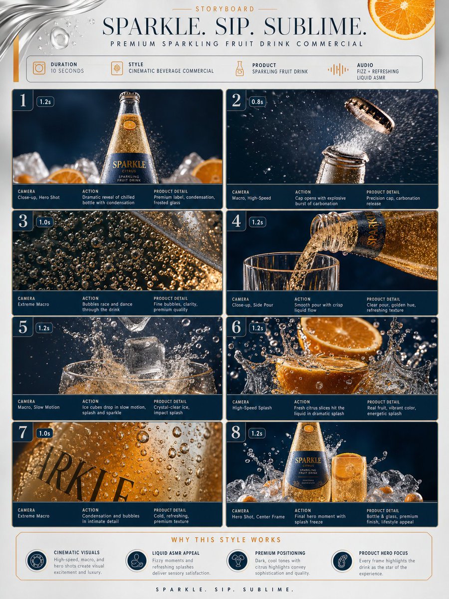 TITLE: Premium Sparkling Fruit Drink Product Commercial Storyboard FORMAT: • Single-page premium storyboard •… - AI提示词参考图，来自西西提示词