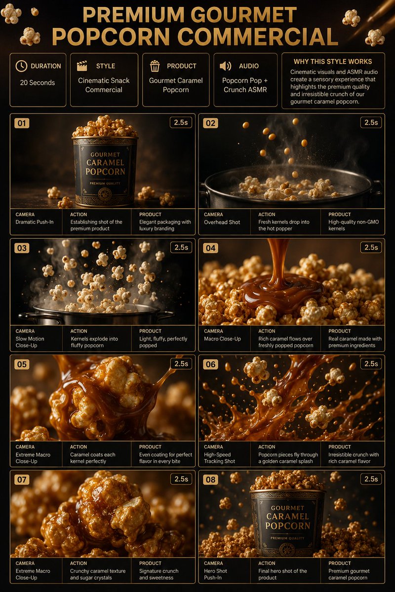 TITLE: Premium Gourmet Popcorn Product Commercial Storyboard FORMAT: • Single-page premium storyboard • 3:4 P… - AI提示词参考图,来自西西提示词