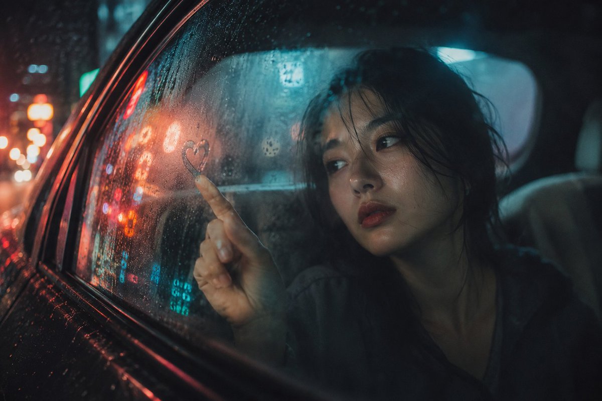 A cinematic rainy-night portrait photographed through a fogged and rain-covered car window. A beautiful young… - AI提示词参考图，来自西西提示词