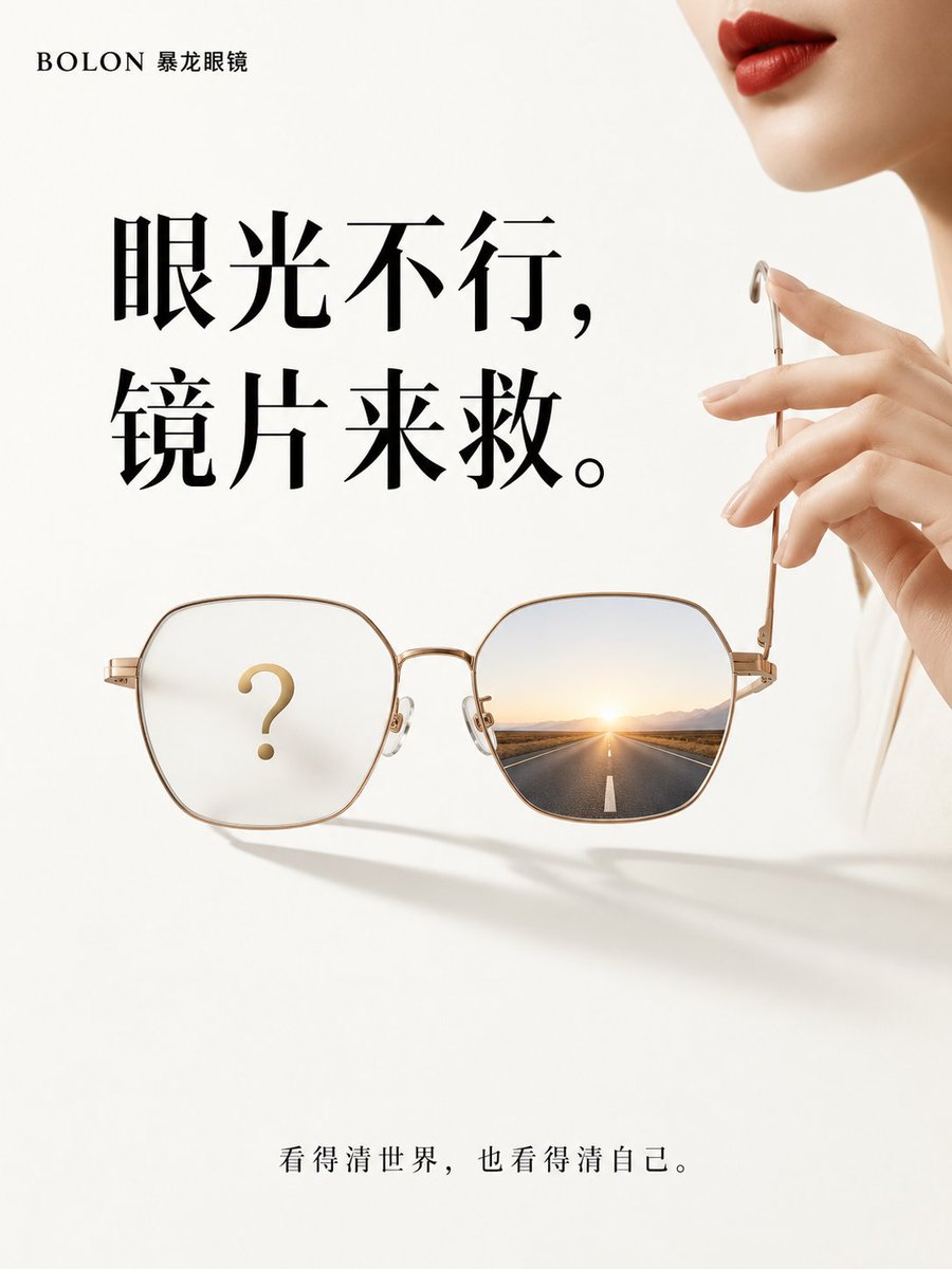 Generate a 3:4 vertical minimalist advertisement for Bolon eyewear. The background is a large area of warm wh… - AI提示词参考图，来自西西提示词