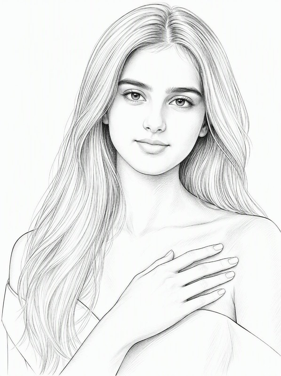 Create a clean black-and-white pencil portrait illustration of a young woman with a serene expression, facing… - AI提示词参考图，来自西西提示词