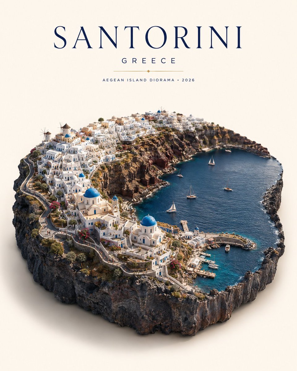 Create a premium cinematic travel poster featuring an ultra-detailed photorealistic isometric miniature diora… - AI提示词参考图，来自西西提示词