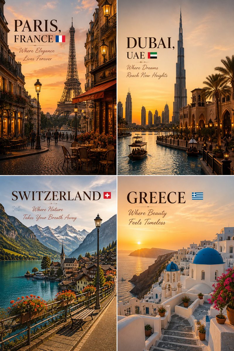 Goal: Create a premium cinematic luxury travel poster collage designed like an exclusive international touris… - AI提示词参考图，来自西西提示词