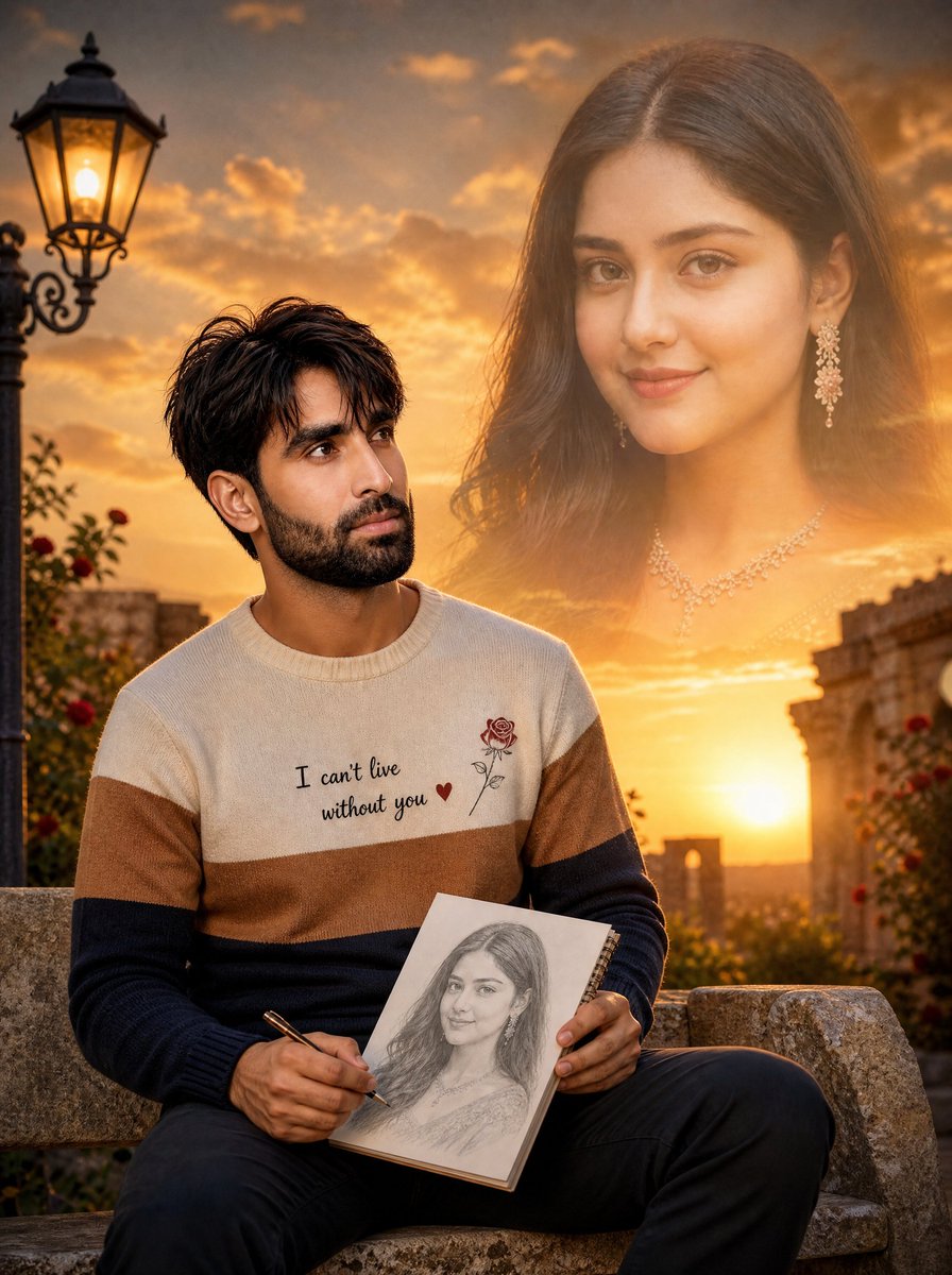 Create a romantic cinematic outdoor portrait at sunset. A young man with thick dark tousled hair and a short … - AI提示词参考图，来自西西提示词