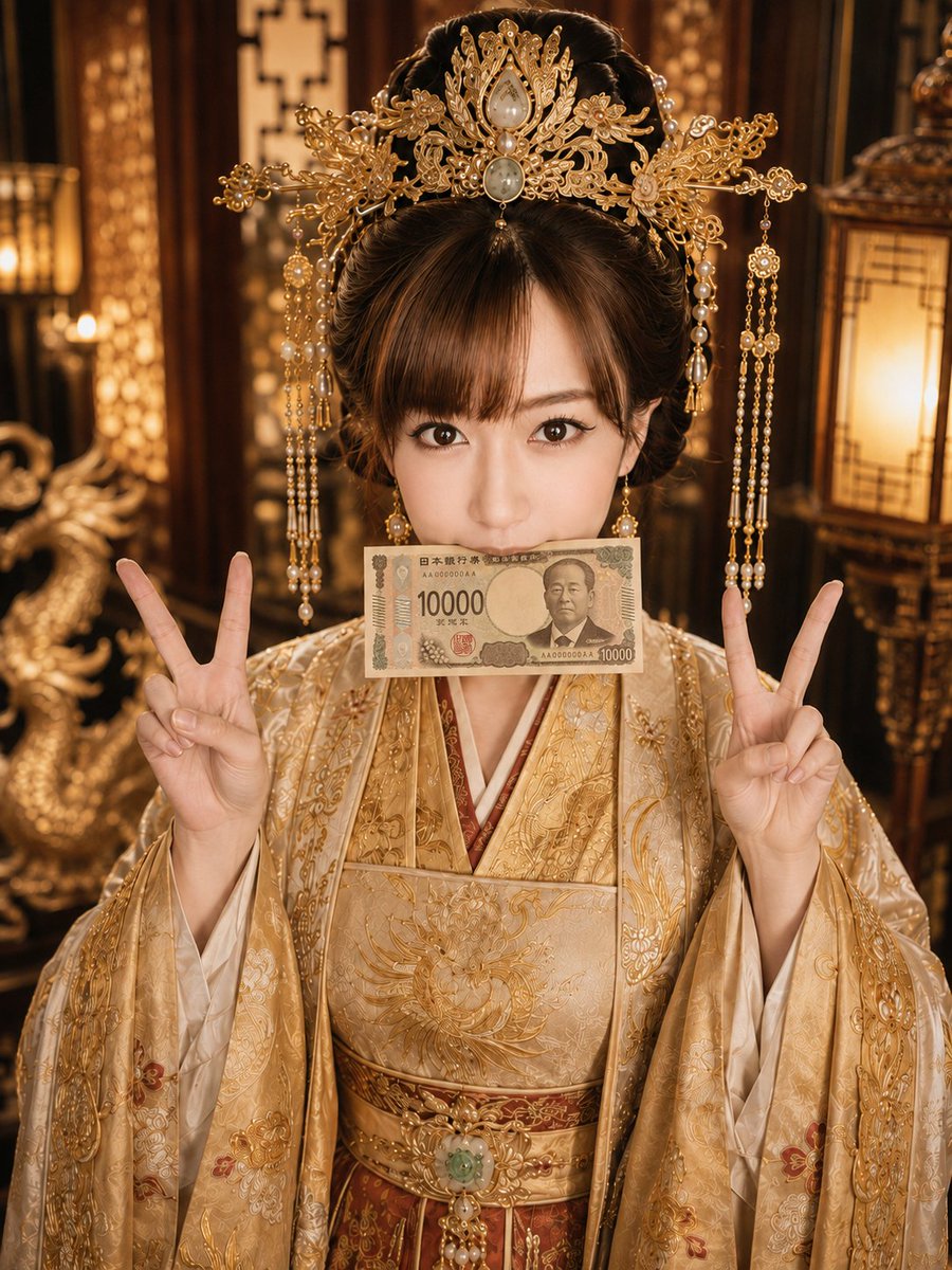 Create a high-resolution vertical portrait photograph of a young East Asian woman dressed as an opulent ancie… - AI提示词参考图，来自西西提示词