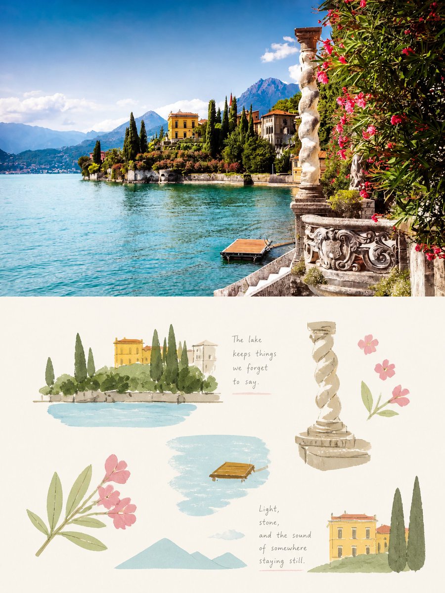 Goal: Create a vertical travel-aesthetic diptych about {argument name="destination" default="Lake Como, Italy… - AI提示词参考图，来自西西提示词