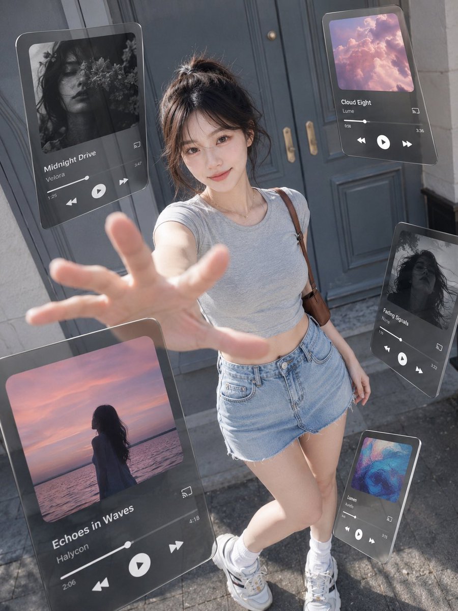 Create a 3:4 vertical ultra-realistic street fashion photograph blended with floating augmented-reality music… - AI提示词参考图，来自西西提示词