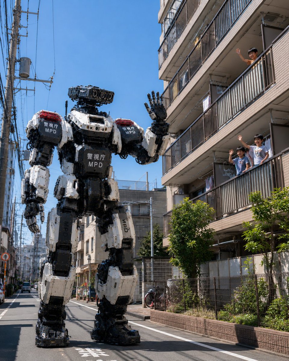 Create a photorealistic cinematic street scene in modern Tokyo on a clear sunny day: a massive humanoid polic… - AI提示词参考图，来自西西提示词