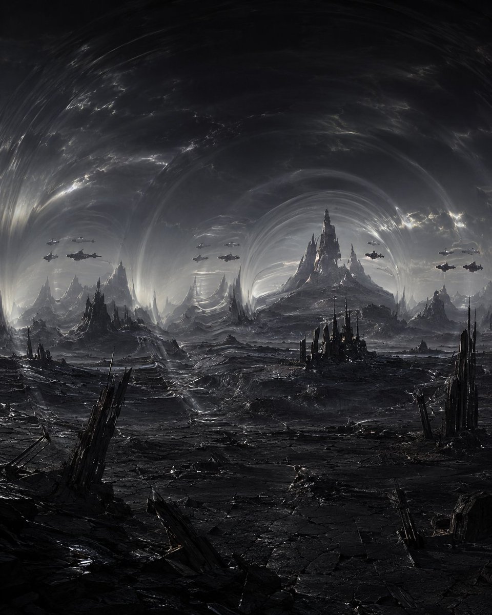 Create a dark monochrome science-fantasy landscape titled by mood: {argument name="theme" default="vibration"… - AI prompt reference from CC Prompt Galaxy