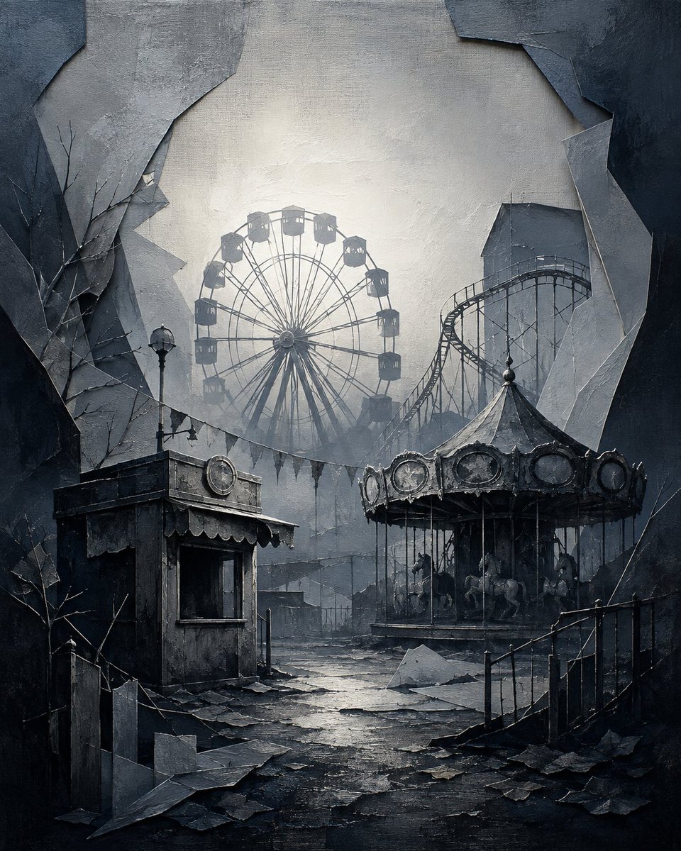 Create a dark surreal gothic illustration of an abandoned amusement park seen through a huge jagged torn-pape… - AI prompt reference from CC Prompt Galaxy