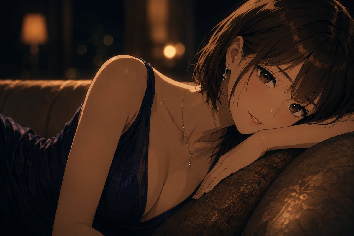 Create a cinematic anime-style portrait of an elegant young woman lounging sideways on a dark patterned sofa … - AI提示词参考图，来自西西提示词