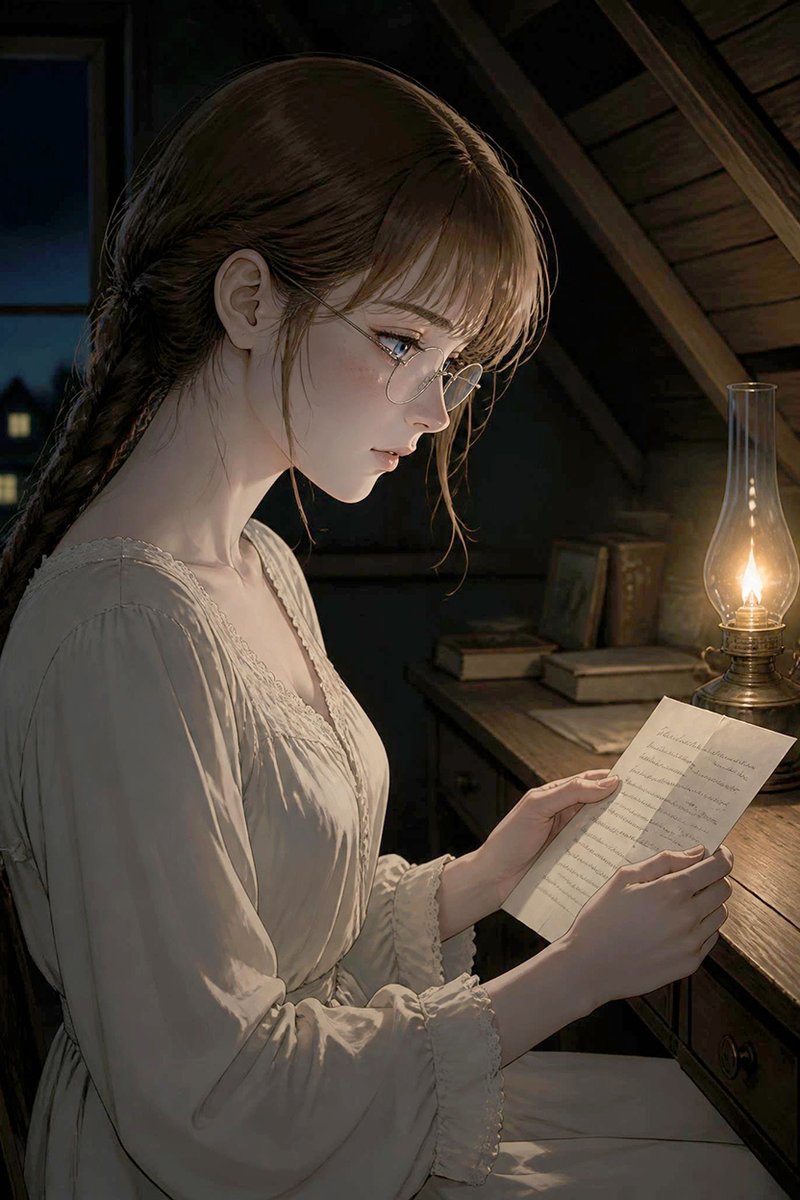 Create a highly detailed cinematic anime illustration of a young woman reading a handwritten letter by oil la… - AI提示词参考图，来自西西提示词