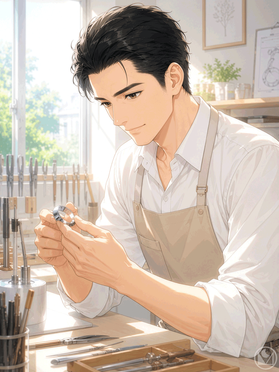 Create a polished vertical anime-style illustration of a handsome young male jewelry craftsman in a sunlit wo… - AI提示词参考图，来自西西提示词
