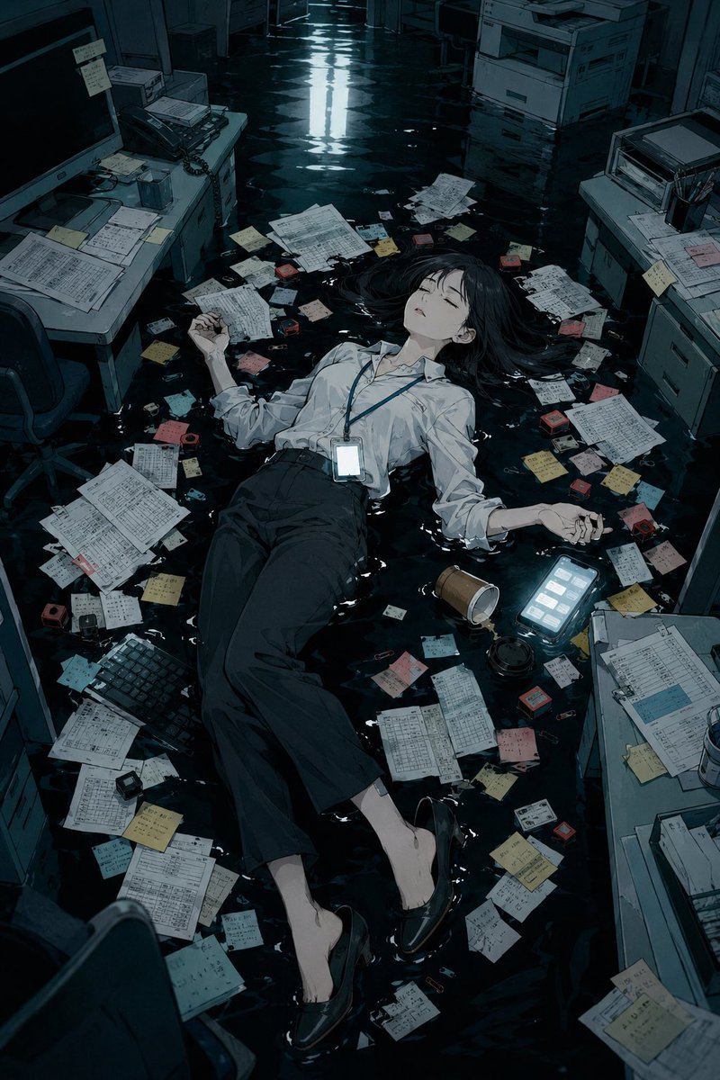 Create a dark, cinematic anime illustration of {argument name="character name" default="an exhausted young of… - AI提示词参考图，来自西西提示词