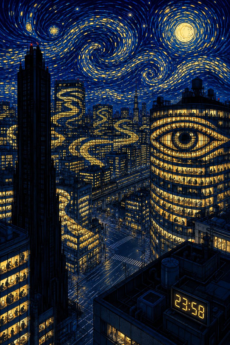Create a vertical 2:3 highly detailed night cityscape that feels like a modern homage to Van Gogh’s The Starr… - AI prompt reference from CC Prompt Galaxy