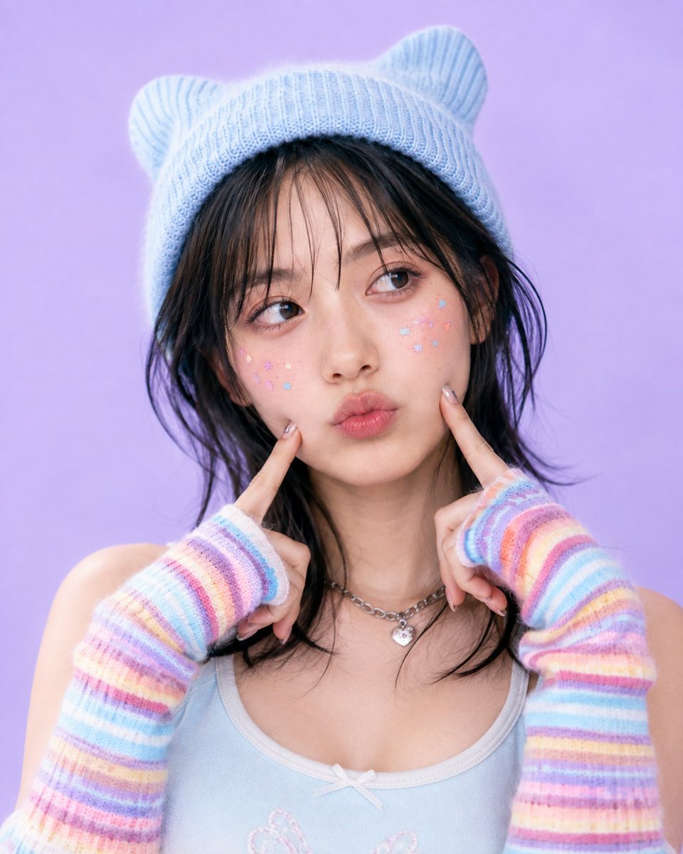 Create a square close-up Y2K kawaii studio portrait of a young woman with {argument name="hair color" default… - AI提示词参考图，来自西西提示词