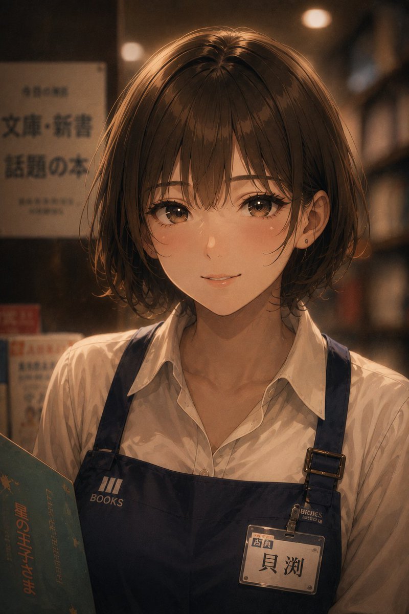Create a vertical anime-style portrait of a young Japanese bookstore clerk in a warmly lit bookstore aisle. S… - AI prompt reference from CC Prompt Galaxy